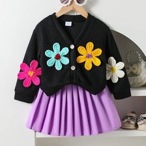Charming Floral Knit Cardigan and Skirt Set
